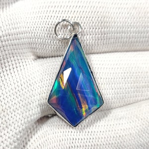 Sterling Silver Aurora Opal Pendant- Blue Fire Opal Necklace- Handmade Kite Shape Necklace Jewelry- Faceted Crystal Pendant- Gift For Her