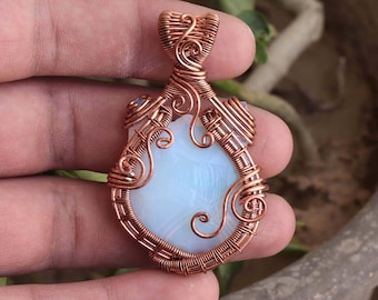 Opalite Cat Head Pendant, Carving Wire Wrap Cat Necklace, Healing Crystal, Copper Boho Pendant, Gift For Her