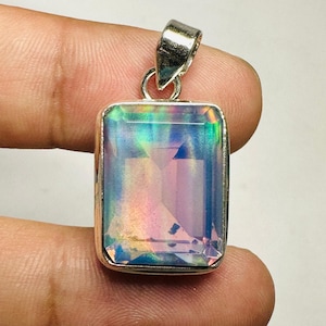 Aurora opal Pendant - 925 Sterling Silver Necklace - Emerald Cut opal Pendant - Vintage Handmade jewelry - Personalized Gift - Gift for Her