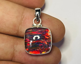 Black Fire Aurora opal 925 Silver Pendant, Black Ethiopian opal Silver Necklace, Vintage Jewelry, Handmade Silver Pendant, Gift for Her