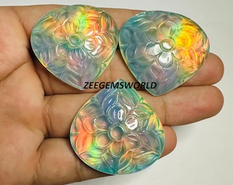 Carved Aurora Opal Heart Cabochon, Fire opal Doublet Gemstone for Jewelry Making, 38x38x7 MM