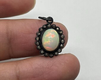 Opal 925 Sterling Silver Pendant, Ethiopian opal Tiny Necklace, Rose Cut Diamond Silver Pendant, Gift For Friend her Handmade Jewelry