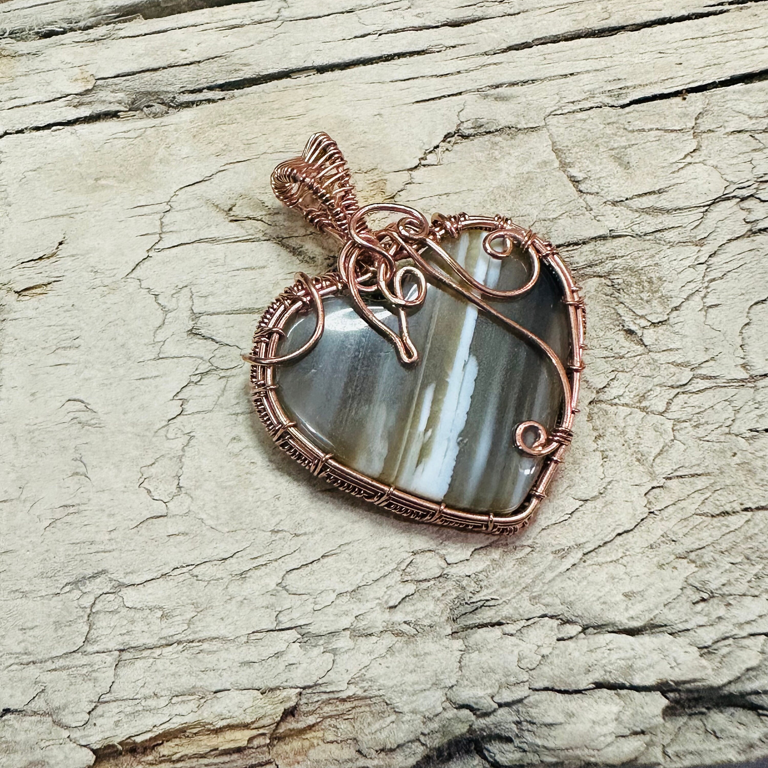 Copper Wire Wrapped Pendant Onyx Heart Shape Wire Wrap