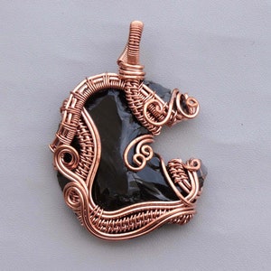 Wire Wrap Pendant, Crescent Moon Pendant, Black Obsidian, Metaphysical Glass Carved Moon, Handmade Copper Jewelry