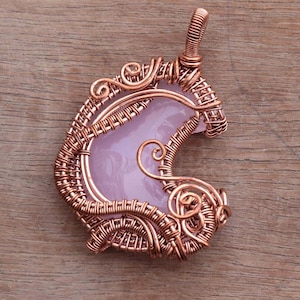 Rose Quartz Moon Pendant, Wire Wrap Crescent Moon Pendant, Handmade Copper Jewelry, Moon Necklace, Gift For Her