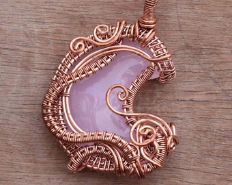 Rose Quartz Moon Pendant, Wire Wrap Crescent Moon Pendant, Handmade Copper Jewelry, Moon Necklace, Gift For Her