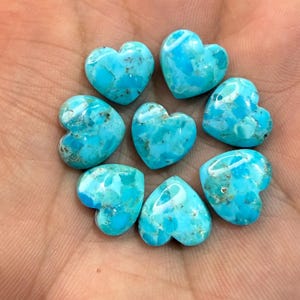 May include: Seven small, heart-shaped turquoise stones with a polished finish. Each stone displays a vibrant sky-blue color with natural dark brown matrix veining patterns throughout the surface, arranged in a circular cluster formation.
