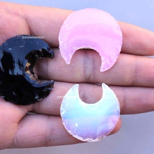 Crescent Moon- Crystal Rose Quartz Moon-Black Obsidian, Metaphysical Carving Moons Gemstone for Jewelry Making