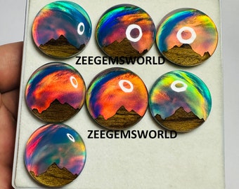 Wood With Aurora opal Cabochon Mountain Aurora Opal Round Gemstone Making for Pendant Handmade Polish Back Side Flat