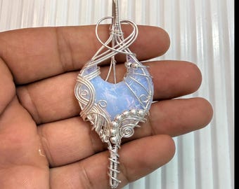 Silver Moon Pendant, Silver Plated Opalite Moon Necklace, Boho Handmade Jewelry, Bridesmaid gift