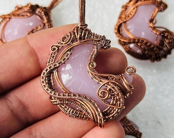 Rose Quartz Wire Wrap Pendant ~ Copper Handmade Jewelry ~ Boho Wire Wrapped Necklace ~ Moon Pendant ~ Gift for Her ~ Birthday gift