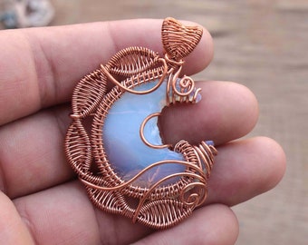 Wire Wrapped Pendant- Opalite Moon Necklace- Crescent Moon- Healing Gemstone- Gift For Her