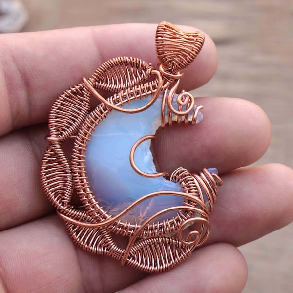Wire Wrapped Pendant- Opalite Moon Necklace- Crescent Moon- Healing Gemstone- Gift For Her