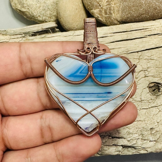 Onyx Heart Wire Wrap Pendant- Natural Onyx Heart Shape Cabochon Gemstone  Jewelry- Copper Wire Wrapped Necklace- Love Pendant