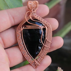 Wire Wrapped Pendant- Arrowhead Pendant- Black Obsidian Arrowhead- Carved Gemstone- Boho Copper Necklace- Wire Wrap Jewelry