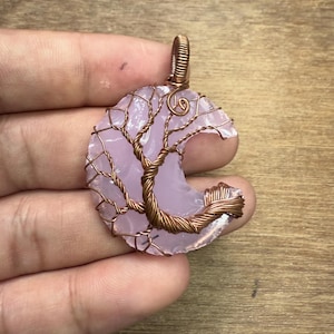 Wire Wrapped Pendant, Rose Quartz Moon Necklace, Tree of life pendant, Crescent Moon Boho Copper Jewelry, Everyday Pendant, Gift for Her