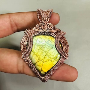 Labradorite Cabochon Pendant Copper Wire Wrapped Pendant Jewelry Handmade Labradorite Gemstone Jewelry Gift For Her