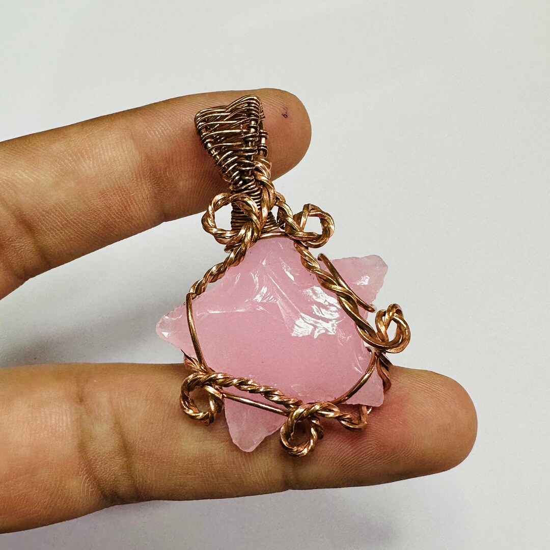 ローズクォーツペンダント、ワイヤーラップネックレス、ボヘミアン