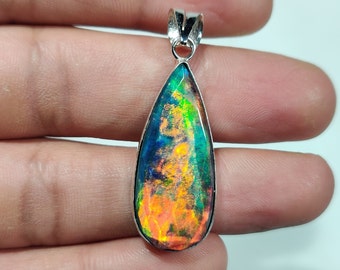 Aurora Opal Silver Pendant- 925 Solid Sterling Silver Necklace- Faceted Welo Fire Aurora Opal Pear Pendant- Gift For Her