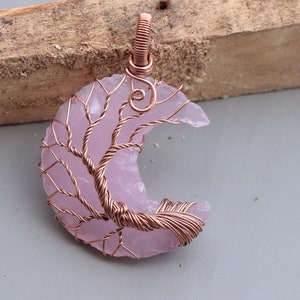 Tree Of Life- Rose Quartz Moon Pendant- Wire Wire Wrapped Pendant- Tutorial Wire Necklace- Crescent Moon- Gift For Her