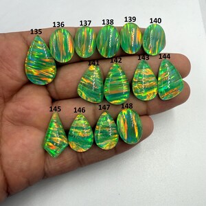 May include: A selection of opals in diverse shapes, such as oval, teardrop, and triangular. The opals exhibit vivid green, orange, and yellow internal patterns. Each stone is numbered for identification.
