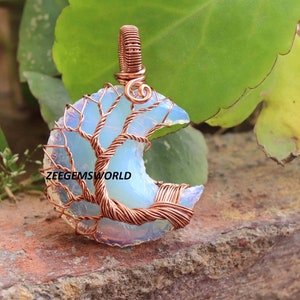 Tree of life, Opalite Moon Pendant, Wire Wrap Opalite, Opalite Crystal Pendant, Wire Wrapped Pendant Jewelry