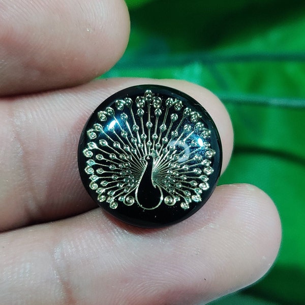 Peacock Cabochon- Black Onyx Carved Peacock Gemstone- Making for Pendant- Doublet Cabochon- 16 MM Round