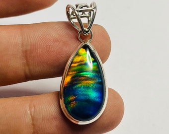 Top Quality Fire opal Silver Pendant, 925 Sterling Silver Aurora opal Necklace, Handmade Vintage Jewelry, Birthday Gift, Opal Birthstone