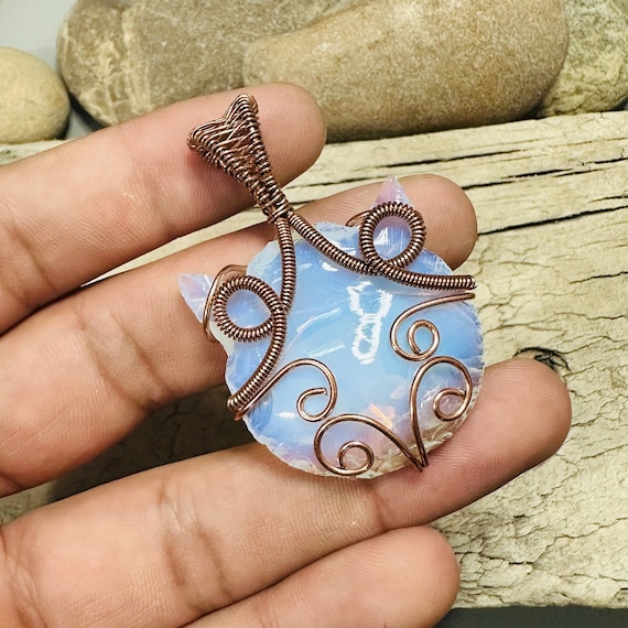 Cat Head Wire Wrap Pendant, Opalite Kitty Wire Wrap Necklace, Boho