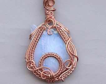 Beautiful Cat Head Wire Wrap Pendant, Opalite Kitty Necklace, Wire Wrap Jewelry, Carving Handmade Copper Pendant Jewelry