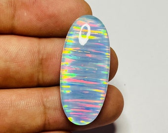 White Aurora Opal Cabochon, Oval Gilson Welo Fire Opal Doublet Gemstone, Opal For Wire Wrap Jewelry, Back Side Flat, 36x16x6 MM