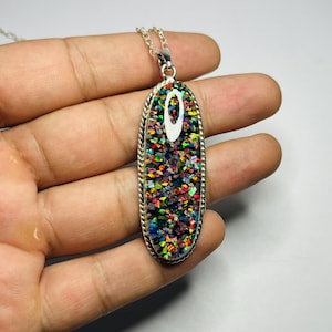 Matrix Opal Silver Pendant- Lab Created Aurora Opal 925 Sterling Silver Necklace- Black Opal Necklace- Birthday Gift- Personalized gift