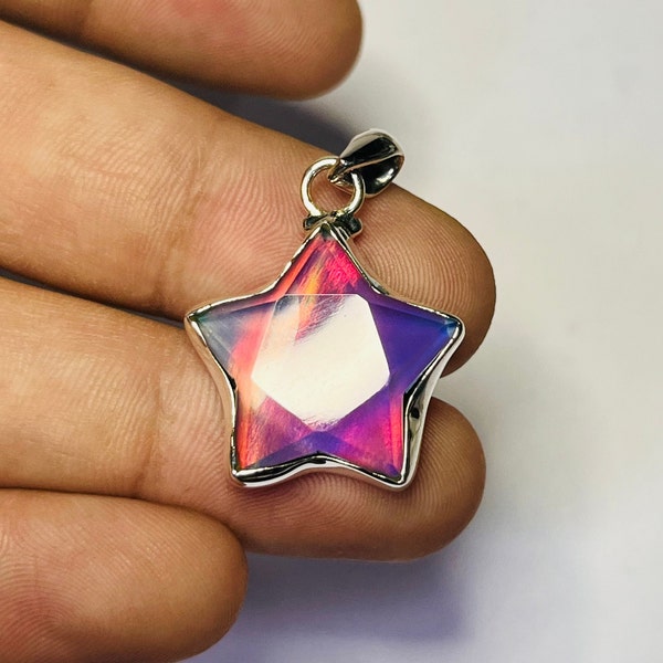 Aurora Opal Star 925 Sterling Silver Pendant, Pink fire Faceted opal Gemstone Necklace, Crescent Star Pendant, Gift For Her