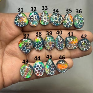 Puede incluir: Una colección de piedras preciosas iridiscentes en varias formas, incluyendo lágrima, ovalada y redonda. Cada piedra presenta un patrón de panal y una gama de colores, desde verde y azul hasta naranja y amarillo. Números 31-46 visibles.