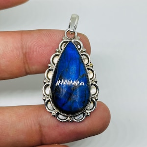 Blue Labradorite Pendant: Handmade 925 Sterling Silver Rainbow Necklace