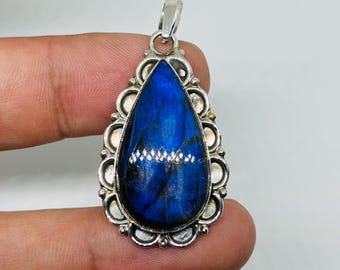 Blauer Labradorit Anhänger: Handgemachte 925 Sterling Silber Regenbogen Kette