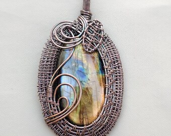 Wire Wrapped Pendant- Labradorite Cabochon Necklace- Handmade Copper Jewelry- Gift For Her- Wire Wrap Jewelry- Boho Hippie