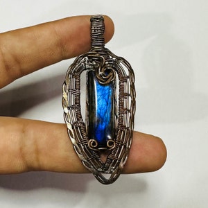 Blue Flashy Labradorite Pendant Wire Wrapped Copper Jewelry Oxidized Labradorite Necklace Gift For Mom Handmade Pendant