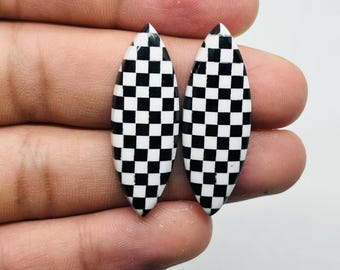 Marquise Pair Checkered Cabs~ Onyx Checkerboard Gemstone~ Checkered Stone~ Making for Jewelry~ Back side Flat