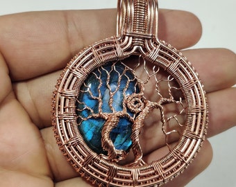 Tree Of Life Labradorite Pendant- Blue Flashy Wire Wrapped Necklace- Handmade Copper Jewelry- Gift for Her- Tree Pendant