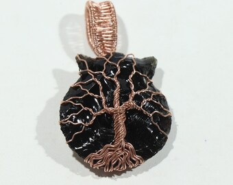 Tree Of Life Wire Wrapped Necklace- Cat Head Black Obsidian Wire Wrap Jewelry- Handmade Copper Pendant- Gift For Her