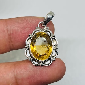 Cut Citrine 925 Sterling Silver Pendant Cabochon- Natural Citrine Vintage Necklace- Handmade Polish Silver Pendant- Gift for Wife