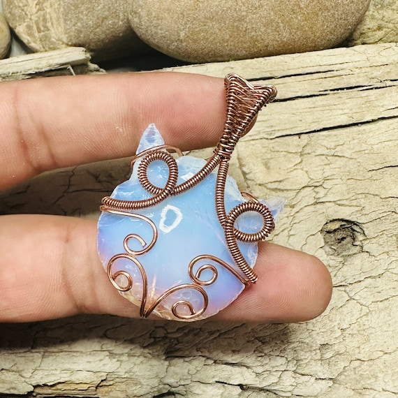 Cat Head Wire Wrap Pendant, Opalite Kitty Wire Wrap Necklace, Boho