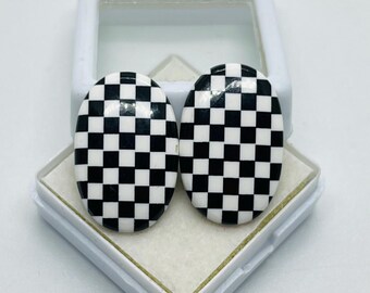 opal & Onyx Checkered Cabochon- Oval Pair Checkerboard Gemstone- Making For Silver jewelry- Handmade Stone