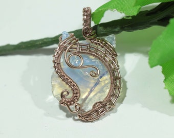 Wire Wrapped Pendant- Opalite Cat Head Wire Necklace- Copper Wire
