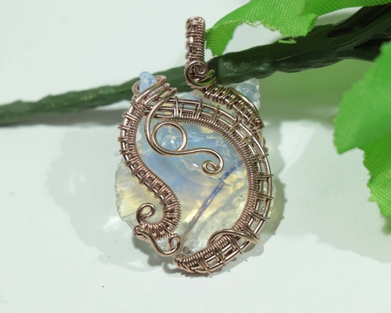 Wire Wrapped Pendant Opalite Cat Head Wire Necklace Copper Wire