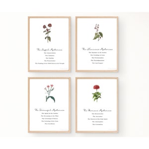 Ensemble de 4 oeuvres d'art mural chapelet catholique - Impressions florales des mystères du chapelet, décoration d'intérieur chrétienne, art catholique moderne pour la salle de classe ou la maison