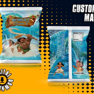 May include: A printable design for a chip bag featuring Moana and Maui from the Disney movie Moana. The bag has a blue and white design with waves and the text "Thank you for coming". The front of the bag features a personalized name and age, "Robert is turning 5".