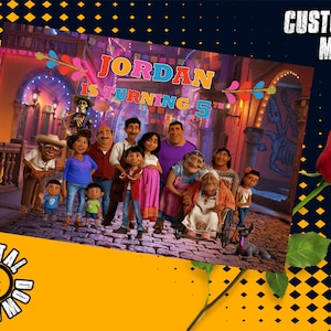 May include: A digital printable party invitation featuring characters from the animated film Coco. The invitation is decorated with colorful flowers and the text "JORDAN IS TURNING 5".