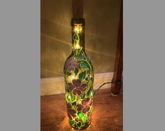 Hand Painted Wine Bottle Light / Lamp / Decor Floral Magnolia Flowers - HANDMADE!